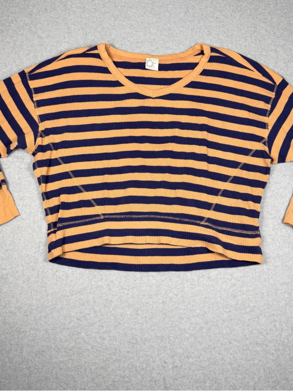 aerie Navy and Mustard Striped Cropped Long Sleeve Top